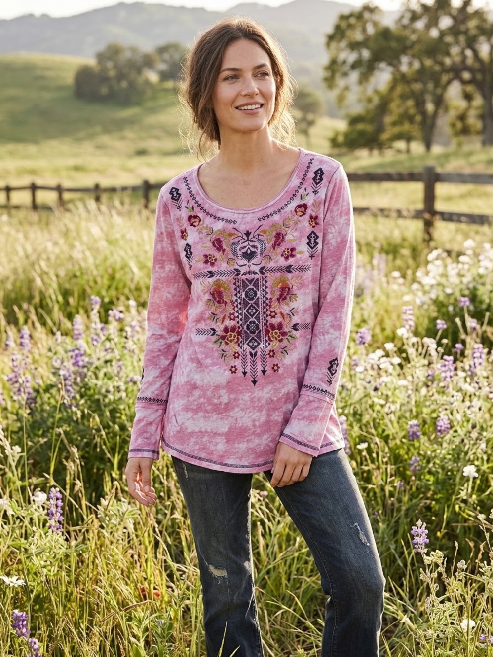 Sundance NWT Tunic Top Size L Pink Floral Embroidered Cotton Boho Western